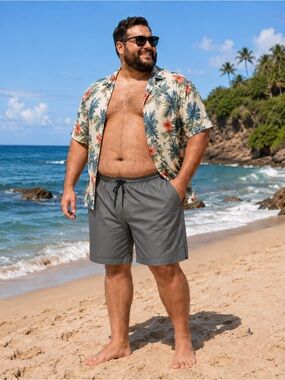 Men's size 5xl swim trunks with mesh lining in gray.